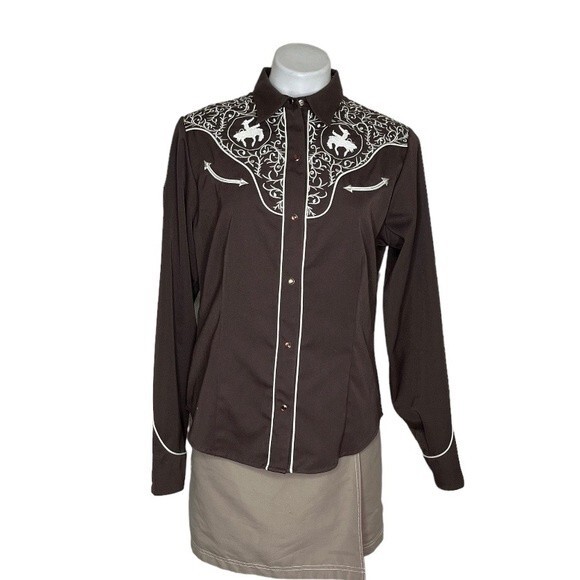 ROPER Brown Bucking Bronc Embroidered Western Snap Shirt Vintage Size Large - Picture 1 of 10